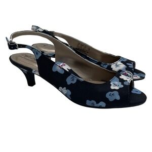 Soft Style Hush Puppies Womens Navy Floral Peep Toe Slingback Kitten Heels 8.5M